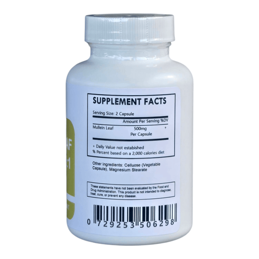 Herbal Island Mullein Leaf Extract capsules in a bottle, showing the supplement packaging with capsules inside.