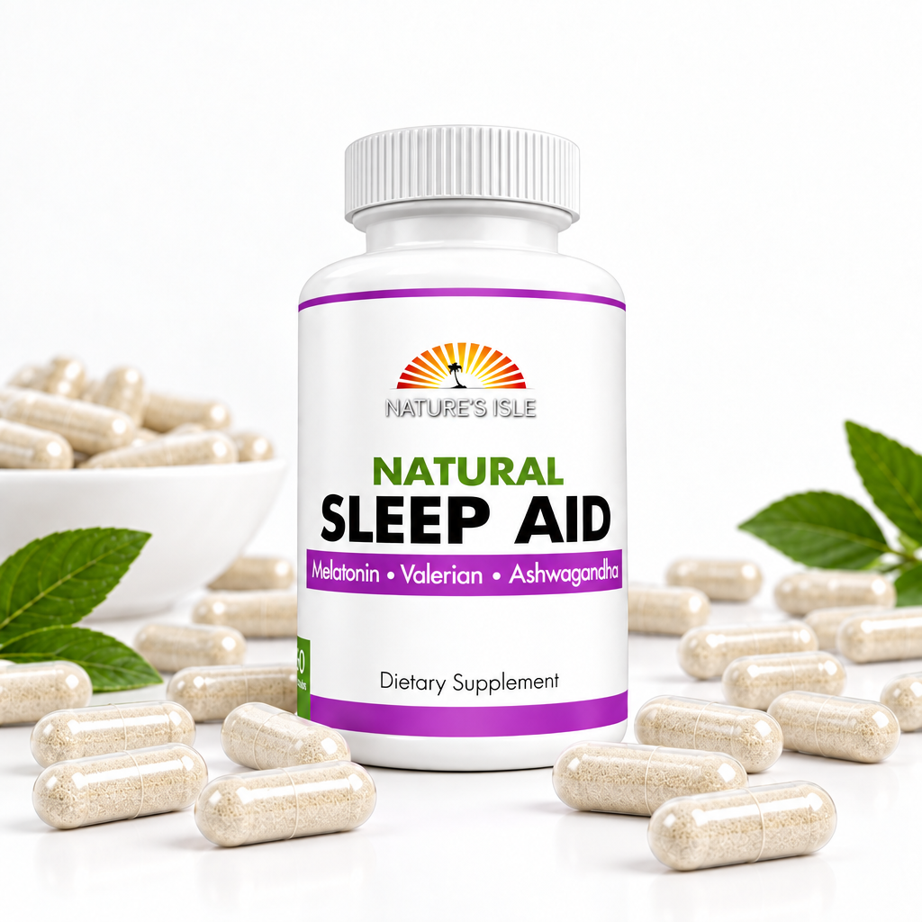 Herbal Island sleep aid capsules in a bottle, showing 60 all-natural herbal supplement capsules for better sleep.