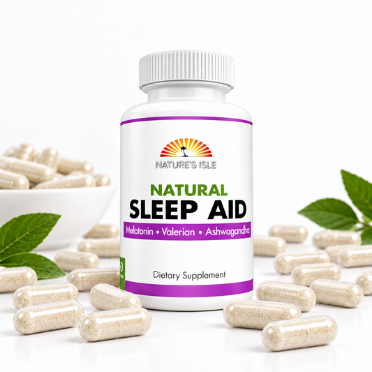 Herbal Island sleep aid capsules in a bottle, showing 60 all-natural herbal supplement capsules for better sleep.