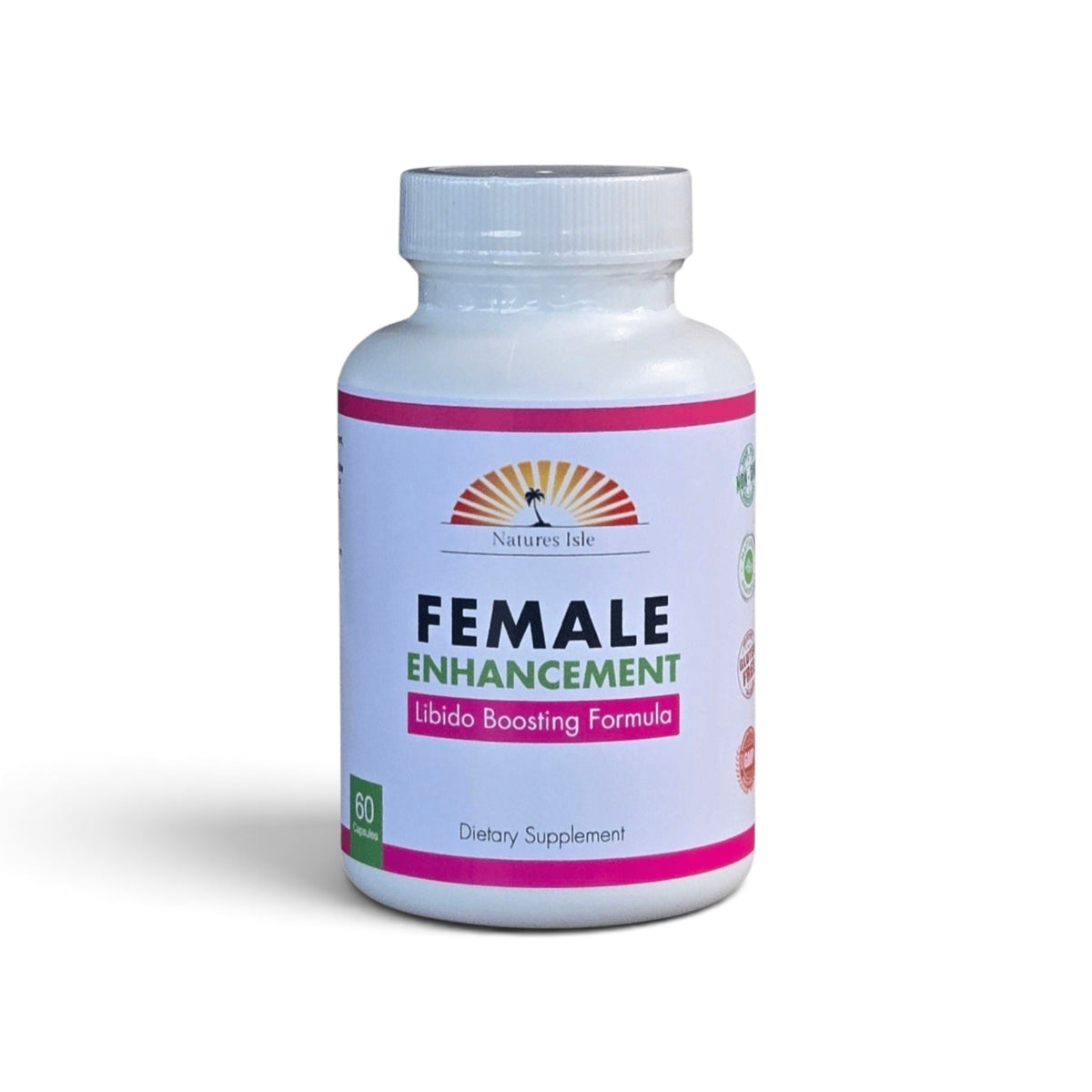 Herbal Island female enhancement capsules for boosting libido, showing a bottle of 60 dietary supplement capsules.