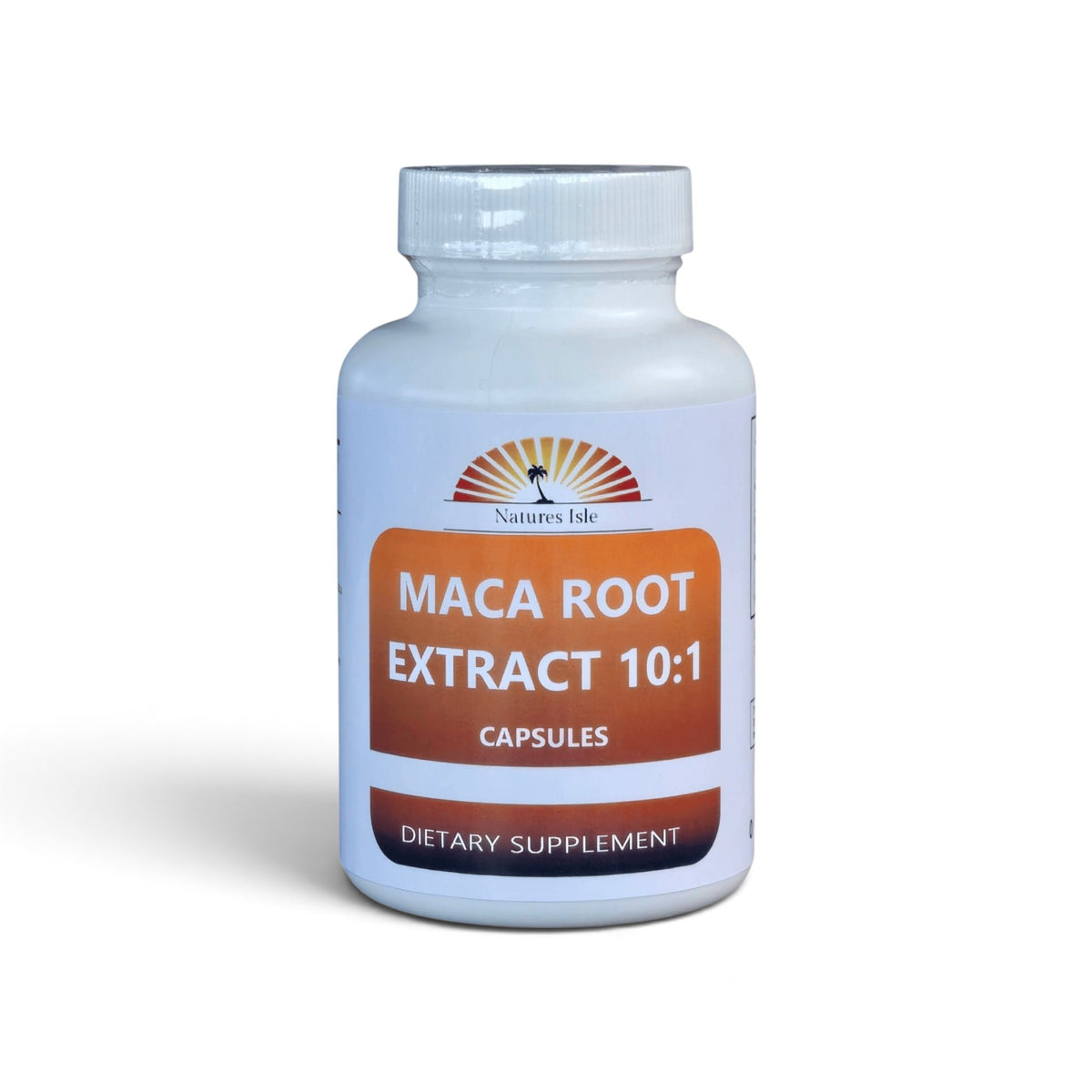Herbal Island Maca Root Extract Powder capsules in a container, showing the capsules with label details on a white background.