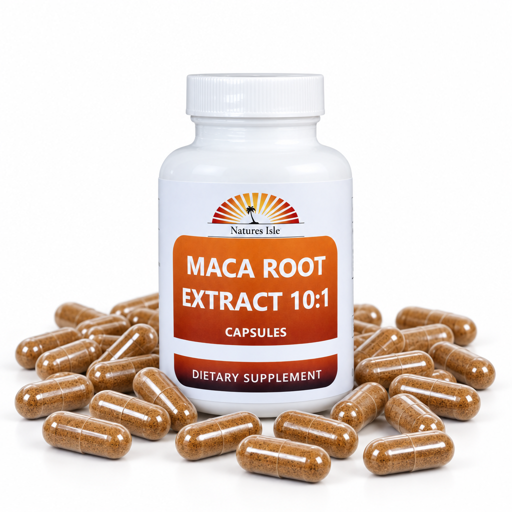Herbal Island Maca Root Extract Powder capsules in a bottle, showcasing the dietary supplement for energy and vitality.