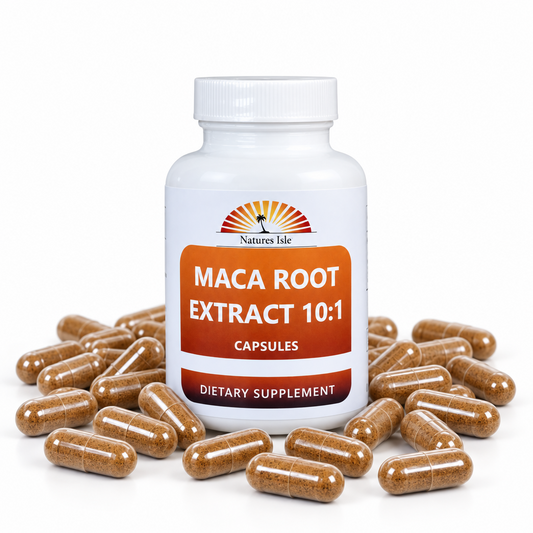 Herbal Island Maca Root Extract Powder capsules in a bottle, showcasing the dietary supplement for energy and vitality.
