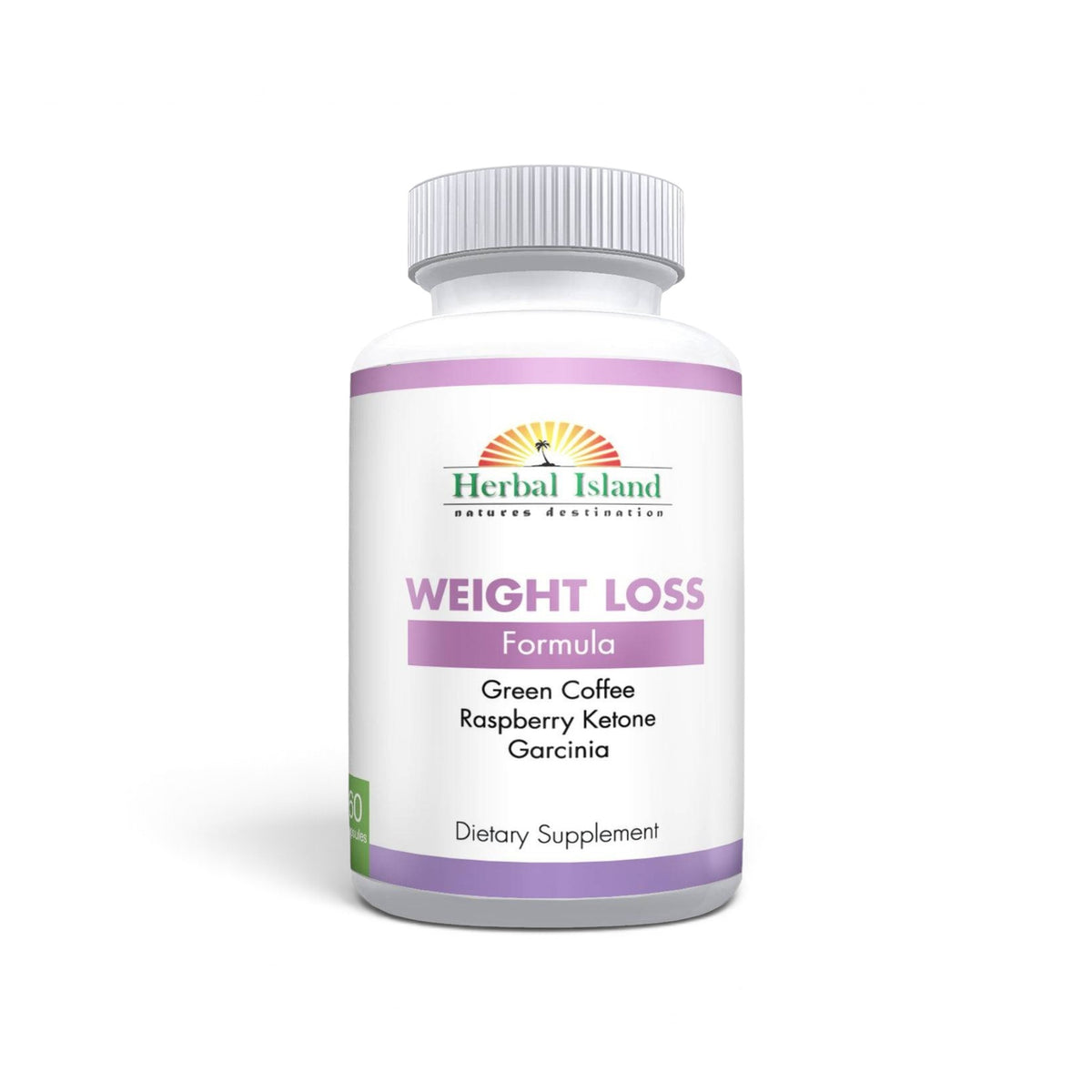 Herbal Island weight loss capsules in a bottle, showing the supplement's capsules for natural weight management.