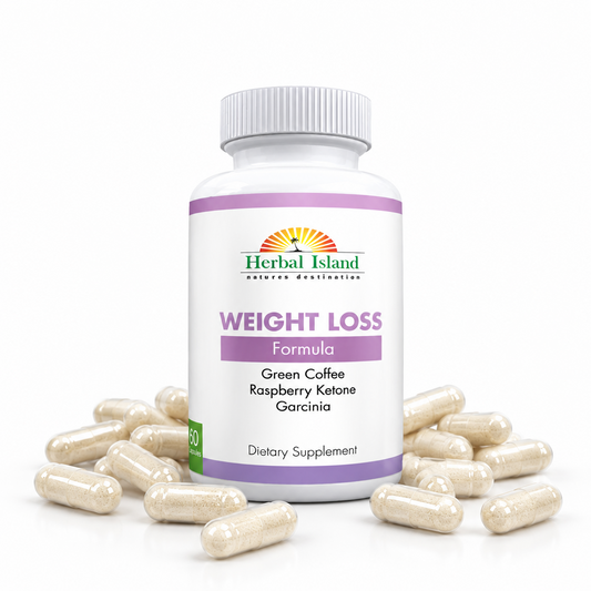 Herbal Island weight loss capsules in a white bottle with a green label, designed for slimming and metabolism support.