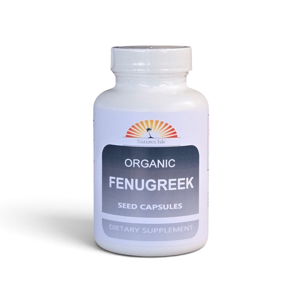 Herbal Island fenugreek capsules 500mg in white capsules, displayed in a row on a plain background.