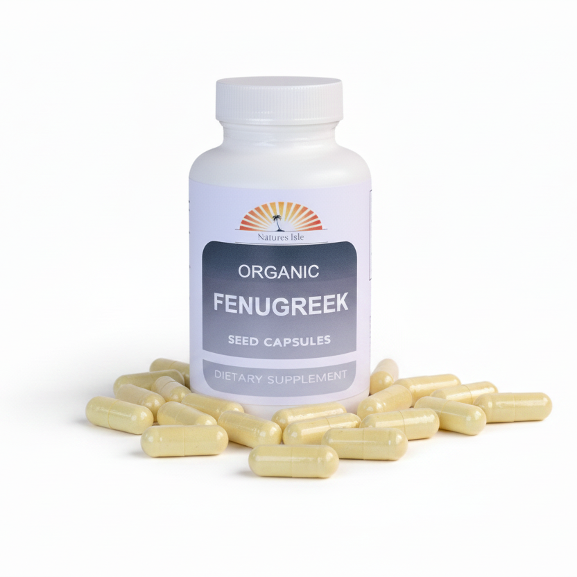 Herbal Island fenugreek capsules 500mg in clear gel capsules, showing the supplement bottle with capsules inside.