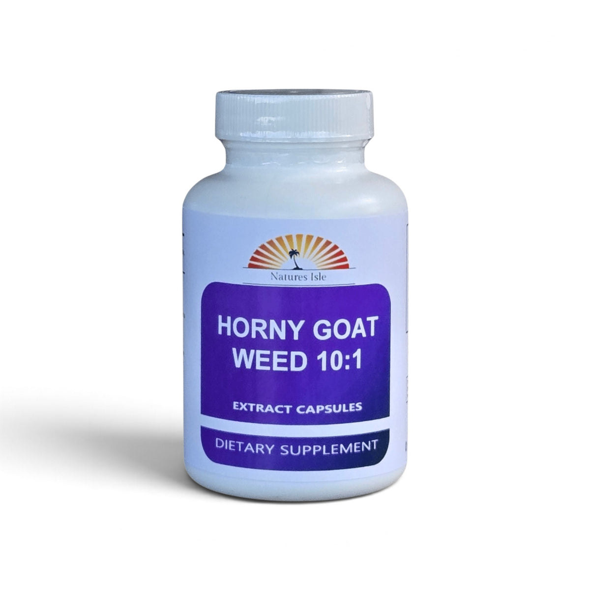 Herbal Island Horny Goat Weed Extract Powder capsules in a clear container showing the capsules inside.