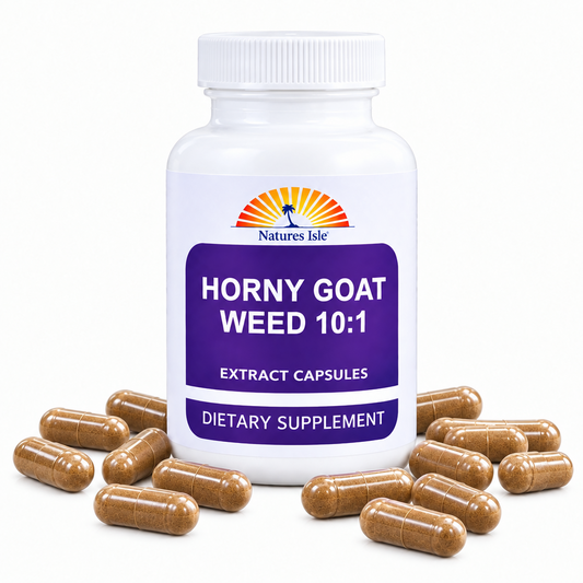 Herbal Island Horny Goat Weed Extract Powder capsules in a bottle, showcasing dietary supplement capsules for natural health support.