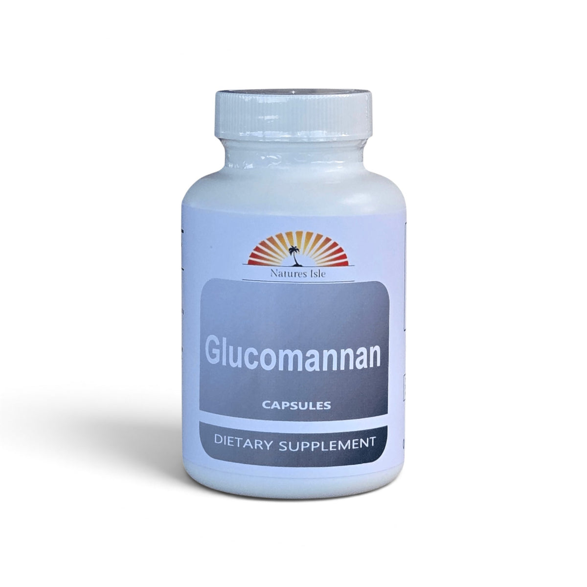Herbal Island glucomannan konjac capsules in a clear bottle, showing soft gelatin capsules filled with konjac root extract.