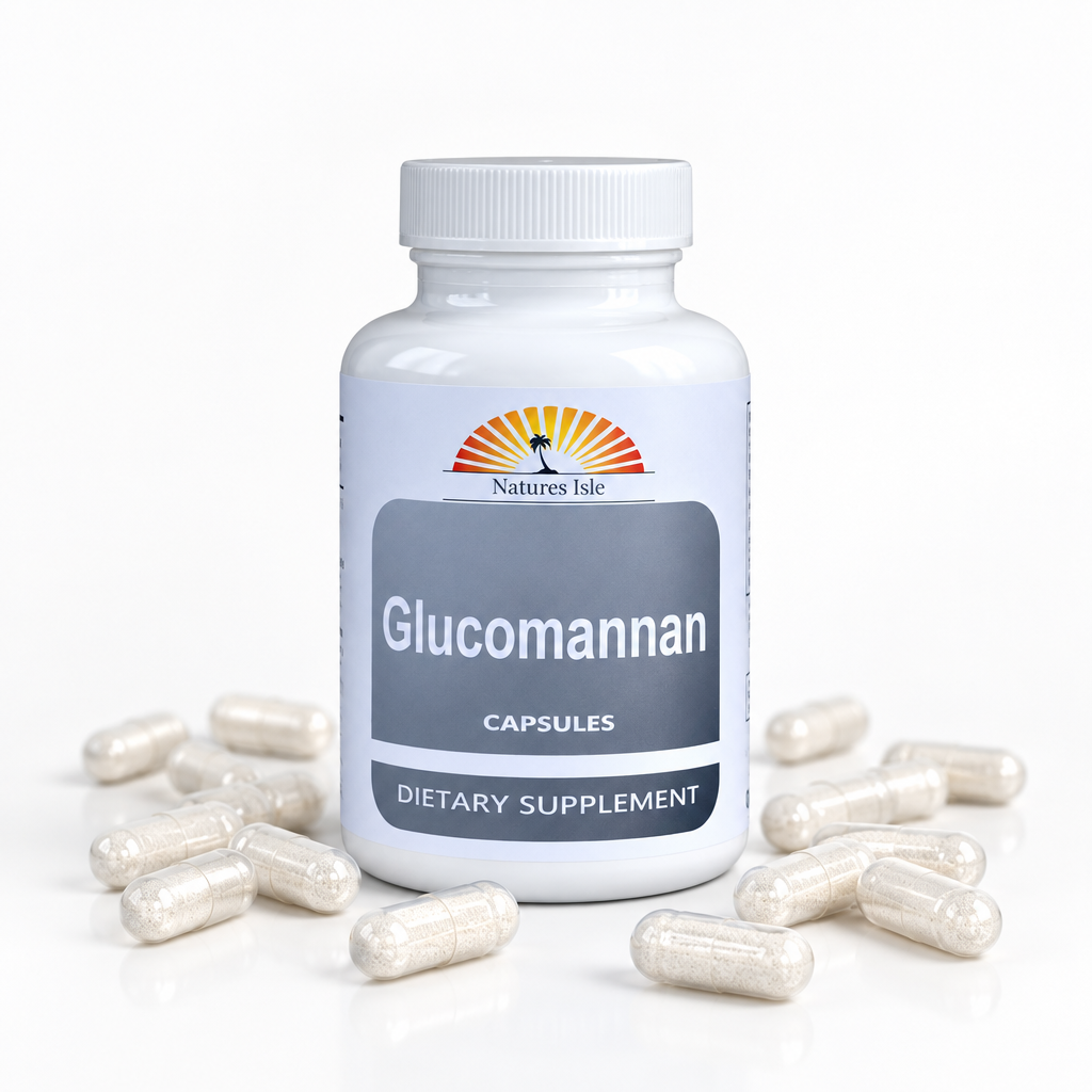 Herbal Island glucomannan konjac capsules in clear bottles, showing white capsules made from konjac root.
