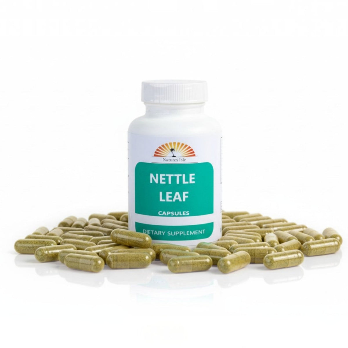 Herbal Island Nettle Leaf Capsules (Urtica Dioica) 500mg in clear capsule bottle with green and white label on a white background.