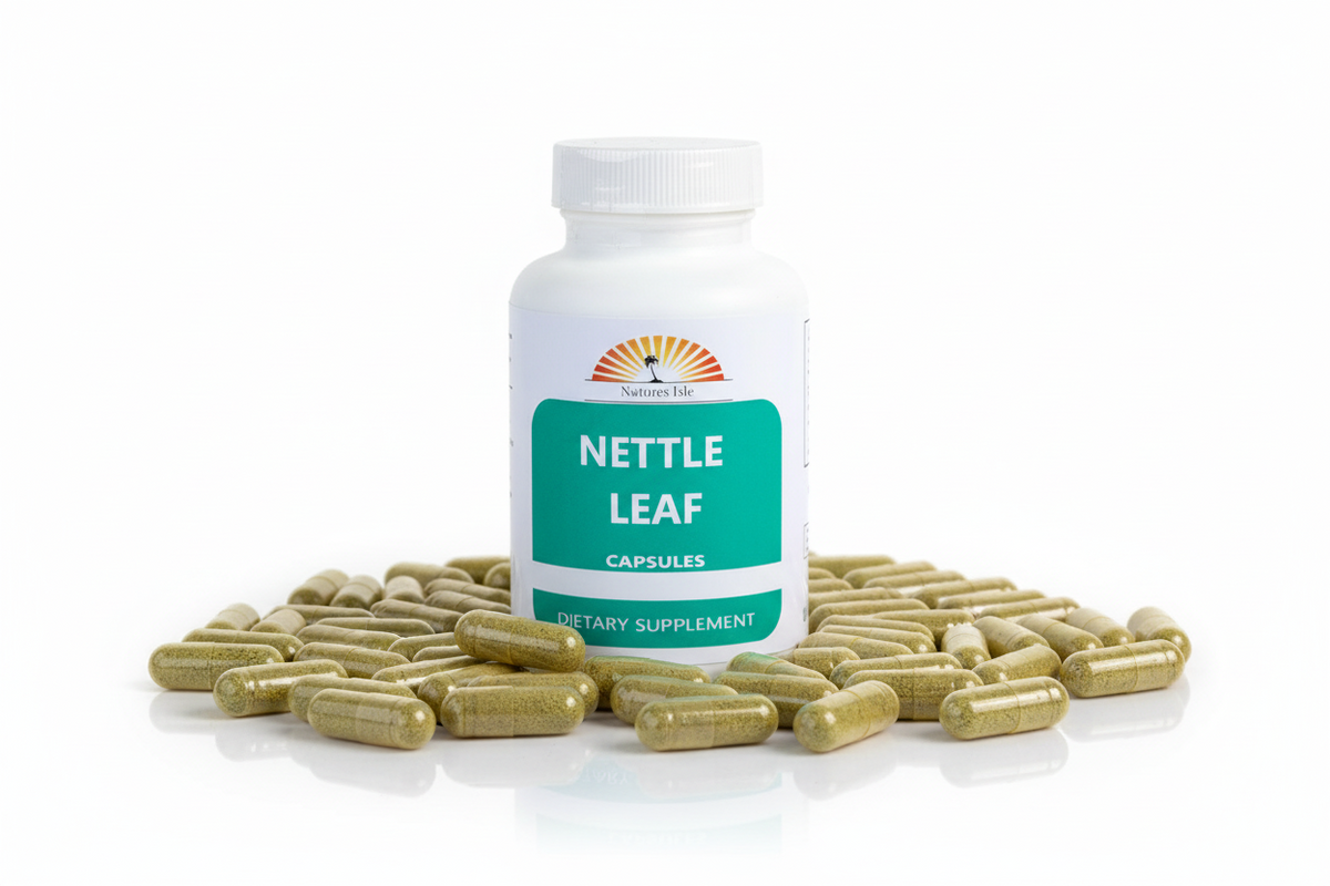 Herbal Island Nettle Leaf Capsules 500mg in white capsules, showcasing the herbal supplement for natural health support.