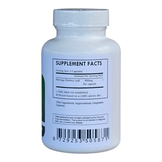 Herbal Island Moringa Leaf Capsules in a white bottle, showing green capsules inside on a white background.