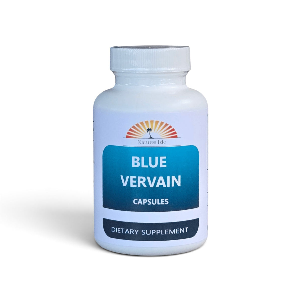 Blue Vervain capsules from Herbal Island, showing the soft gel capsules in a clear container on a white background.