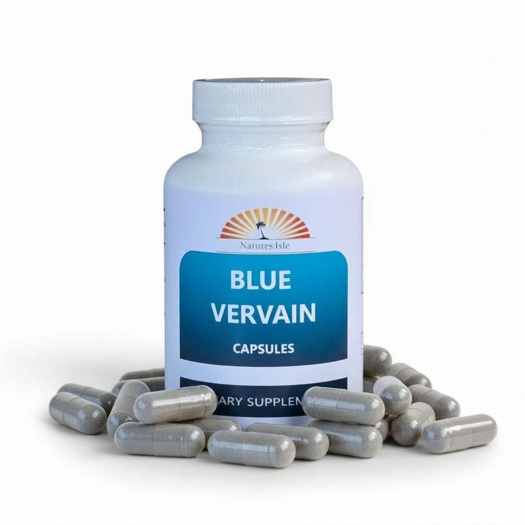 Blue Vervain Capsules by Herbal Island in clear capsules with blue powder inside, displayed on a white background.