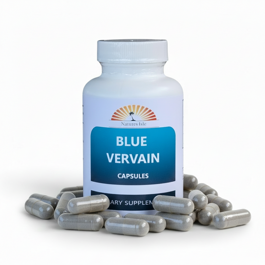 Blue Vervain Capsules by Herbal Island in clear capsules with blue powder inside, displayed on a white background.