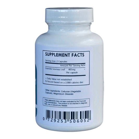Herbal Island Graviola Extract 10:1 capsules in a bottle, showing the supplement packaging with capsules inside.