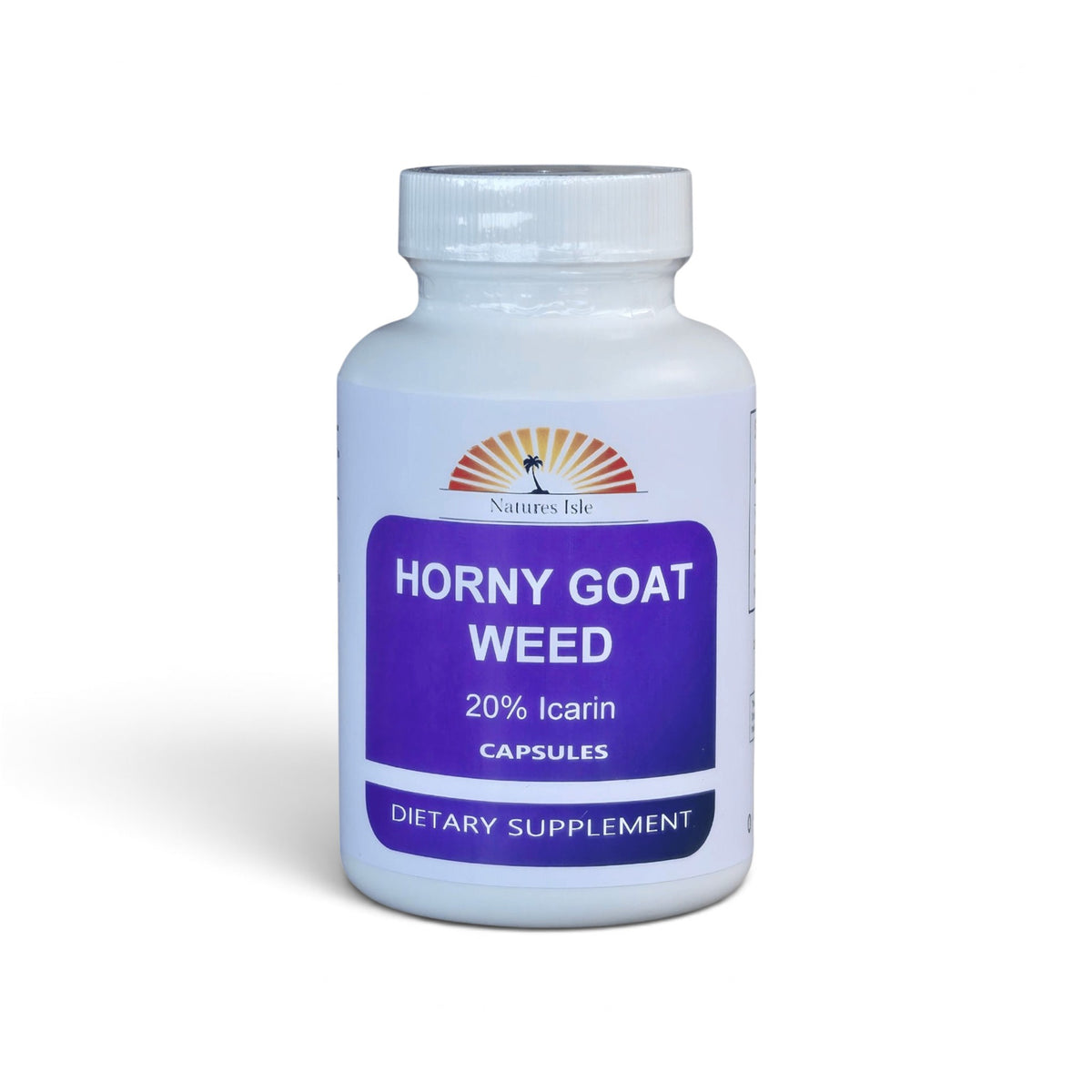 Herbal Island Horny Goat Weed Extract Capsules with 20% Icarin, showing the capsule bottle and label on a white background.