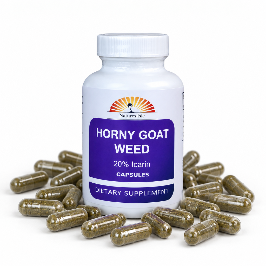 Herbal Island Horny Goat Weed Extract Capsules with 20% Icarin, showing the bottle and capsules on a white background.