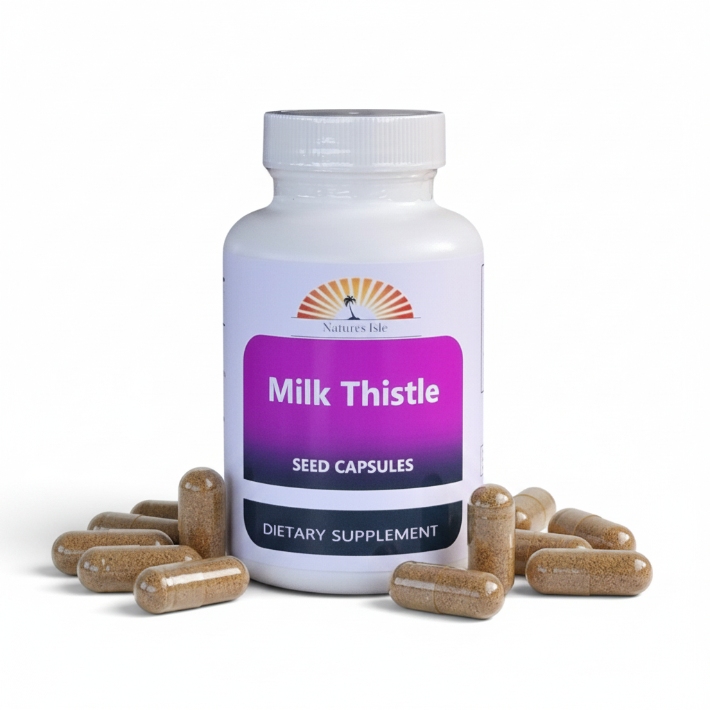 Herbal Island Milk Thistle Seed Powder Capsules 500mg, herbal supplement in soft gel capsules for liver health.