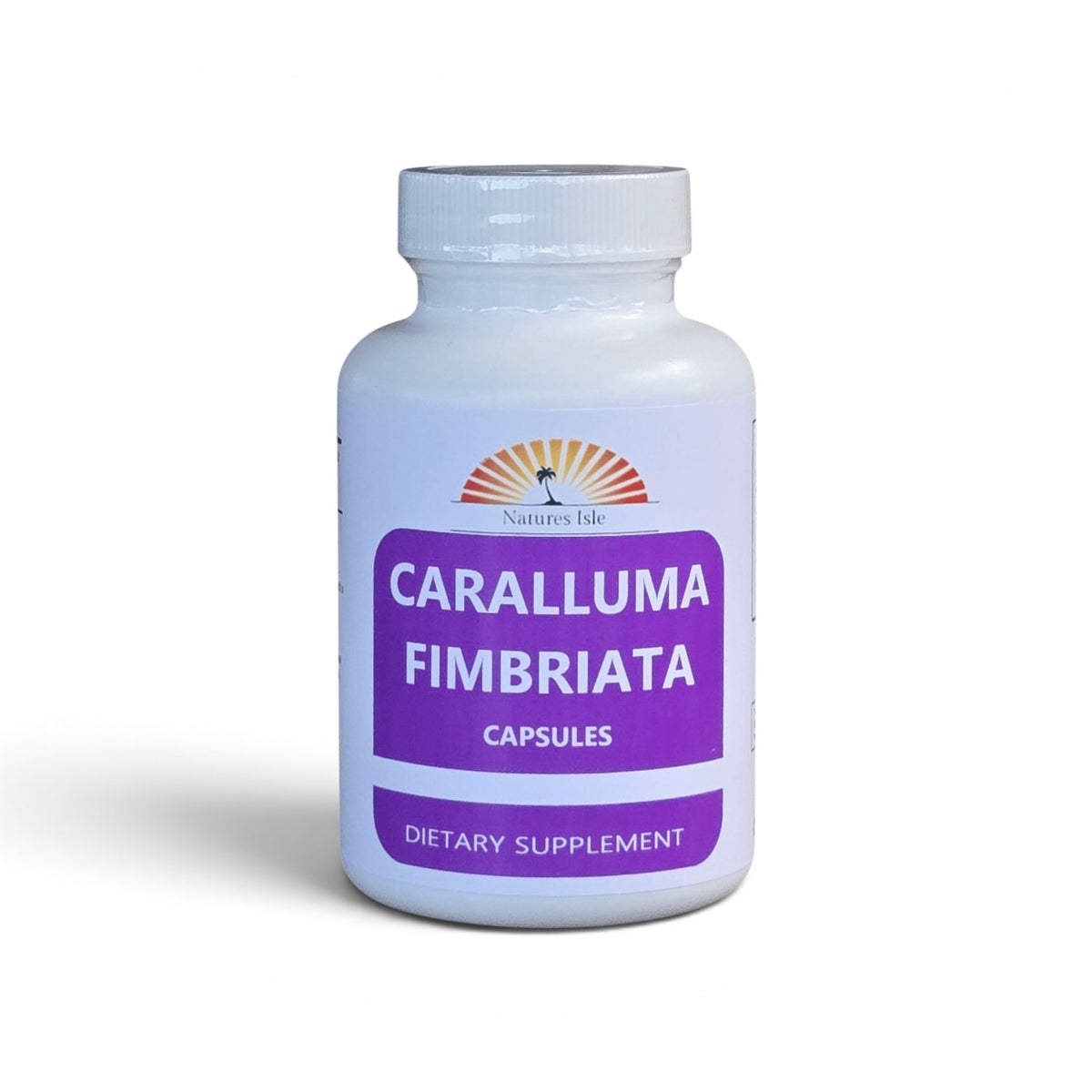 Herbal Island Caralluma Fimbriata capsules 500mg in a clear bottle, showing the supplement capsules inside.