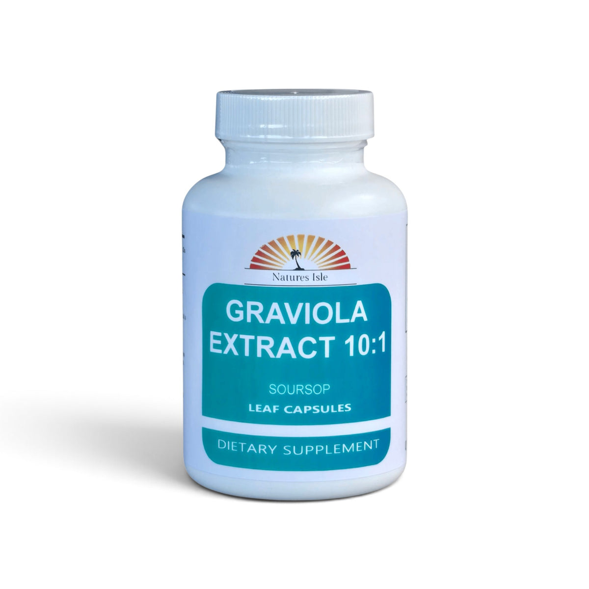 Herbal Island Graviola Extract 10:1 capsules, herbal supplement in clear capsule form with green powder inside.