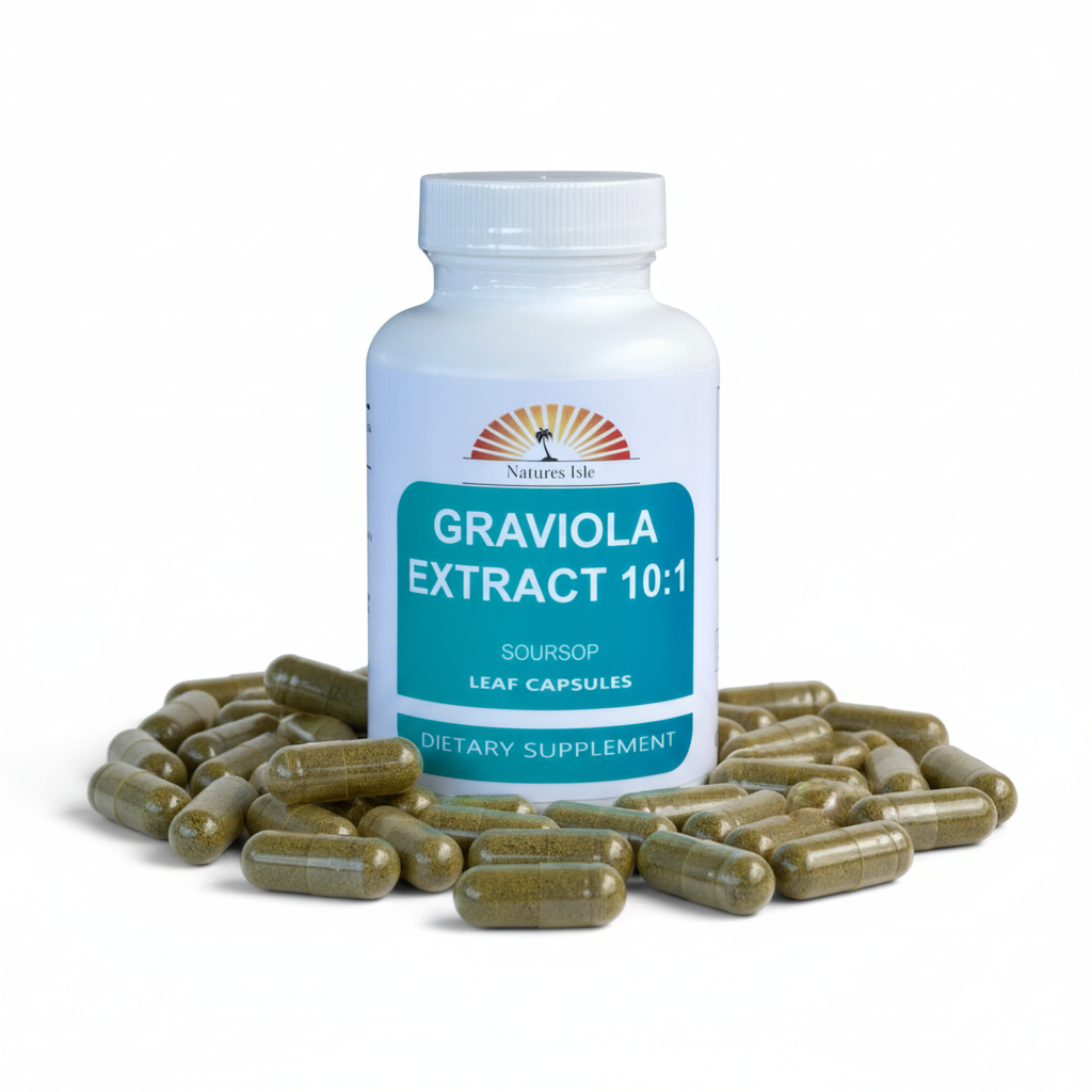 Herbal Island Graviola Extract 10:1 capsules, green supplement capsules displayed in a close-up shot.