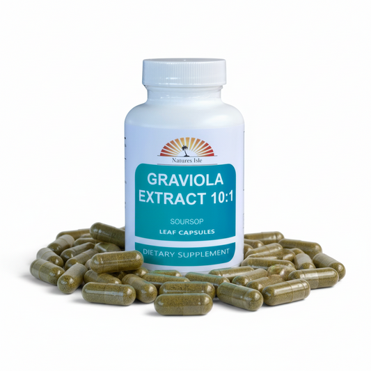 Herbal Island Graviola Extract 10:1 capsules, green supplement capsules displayed in a close-up shot.