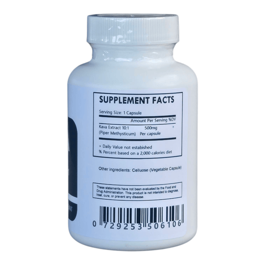 Herbal Island Kava Extract 4:1 capsules, dietary supplement in soft gel form, shown in close-up.