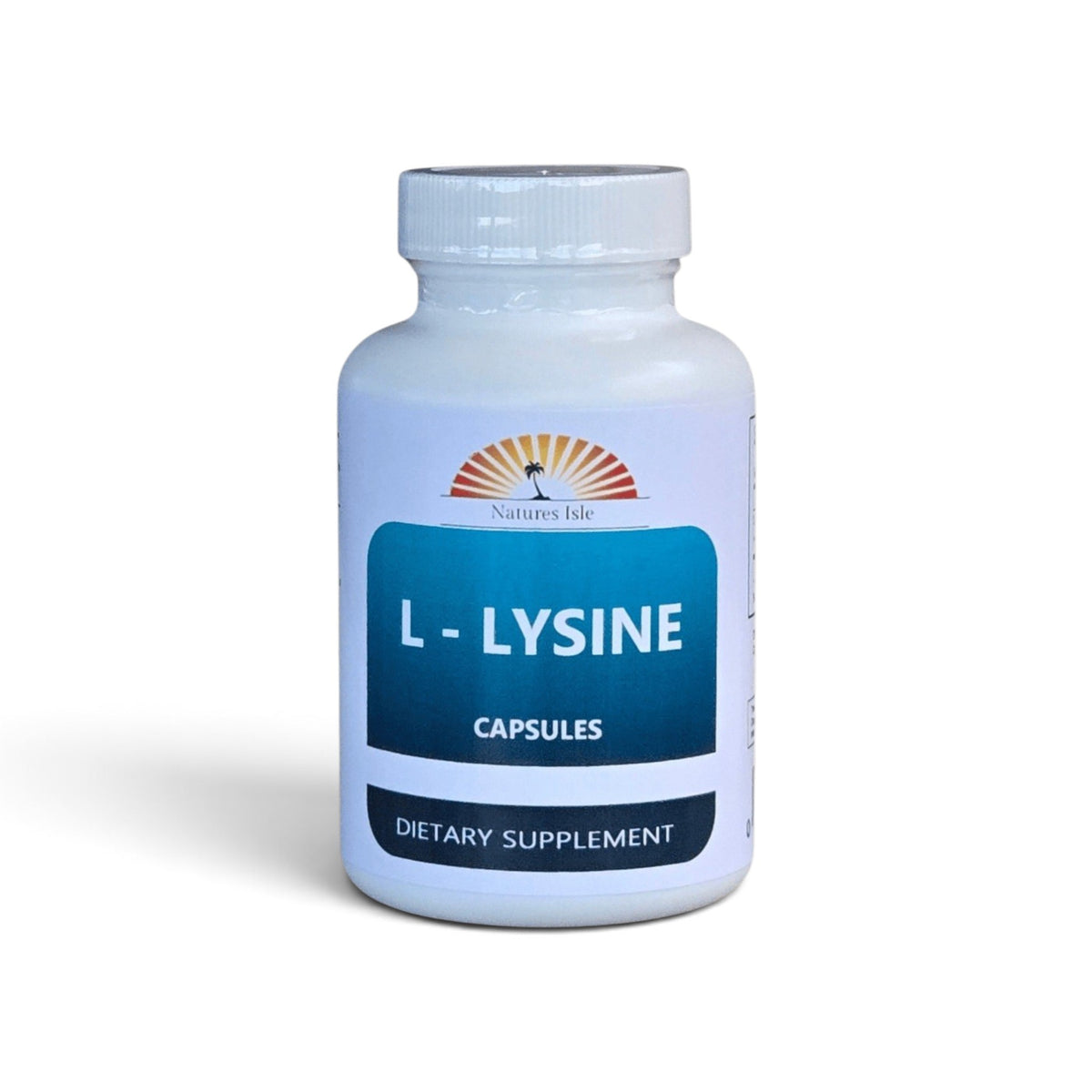 Herbal Island L-Lysine Capsules in transparent bottles with white capsules, displayed on a white background.