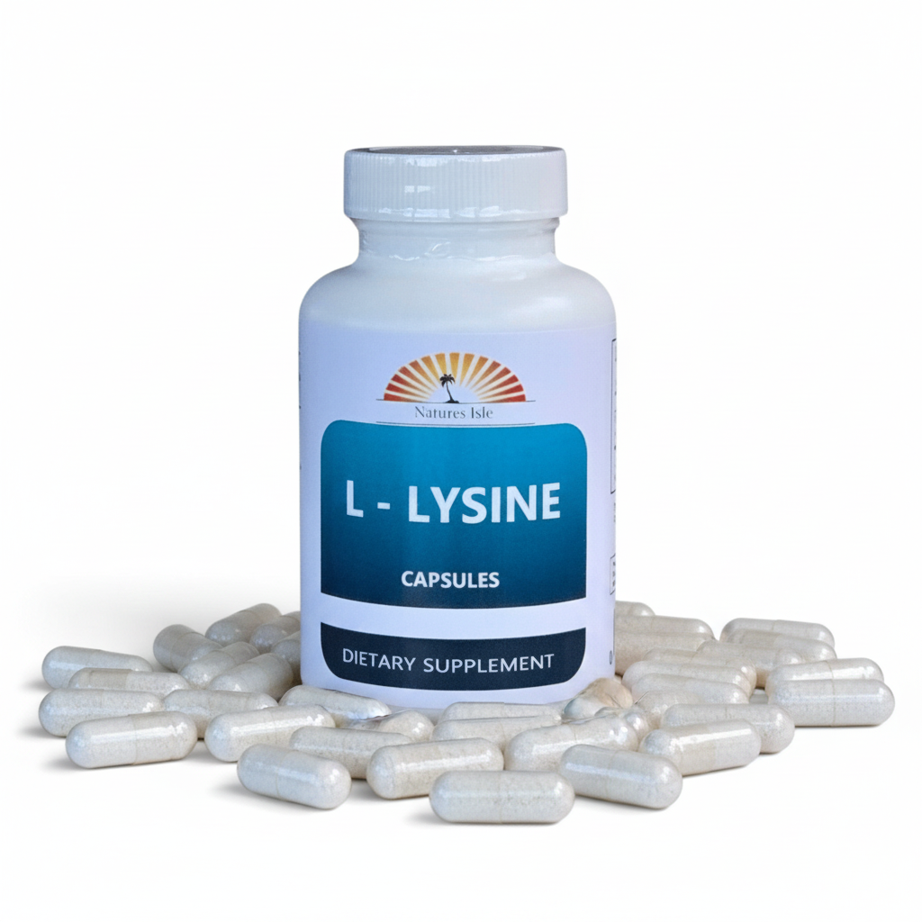 Herbal Island L-Lysine capsules in clear bottles with white capsules inside, displayed on a white background.