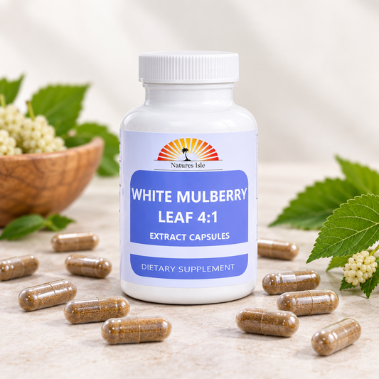 White Mulberry Leaf Extract capsules by Herbal Island, 500mg each, in white capsule form with label detailing product information.