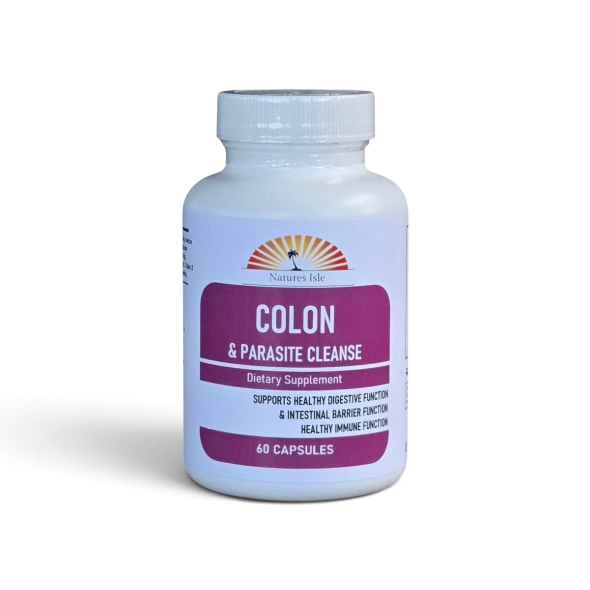 Herbal Island Colon & Parasite Detox capsules in a clear bottle with green labeling, displayed on a white background.