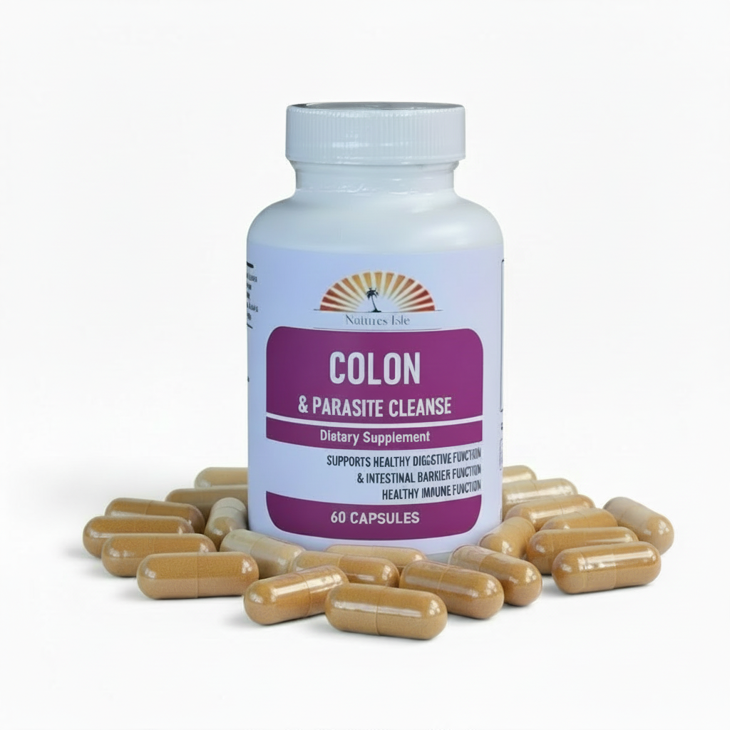 Herbal Island Colon & Parasite Detox capsules in a bottle, natural herbal supplement for digestive health and parasite cleansing.