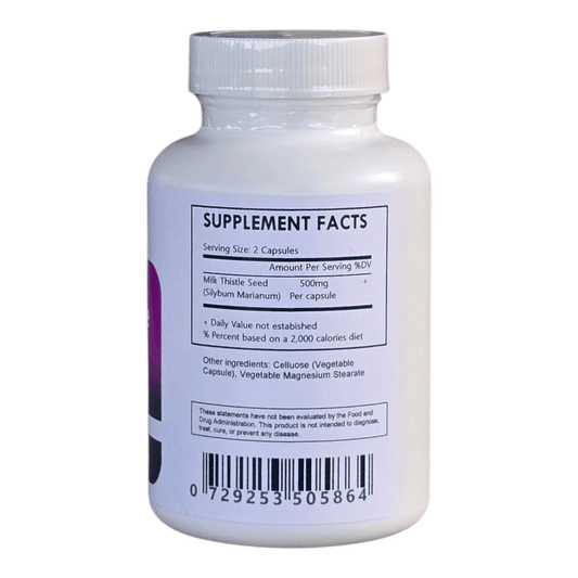 Herbal Island Milk Thistle Seed Powder Capsules 500mg in white capsules, displayed on a plain background.