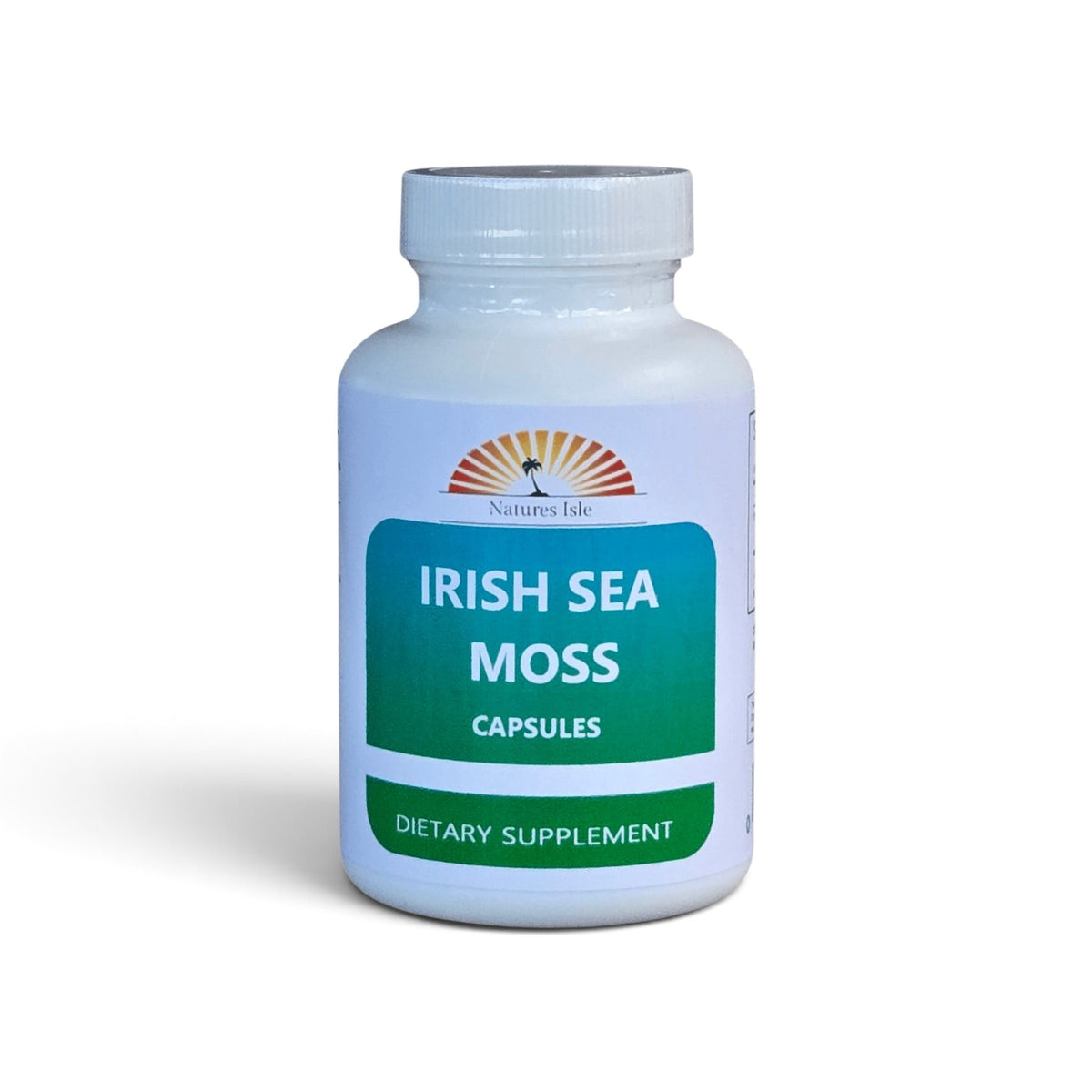 Herbal Island Sea Moss Irish Capsules in a clear bottle, showcasing the dietary supplement capsules on a neutral background.