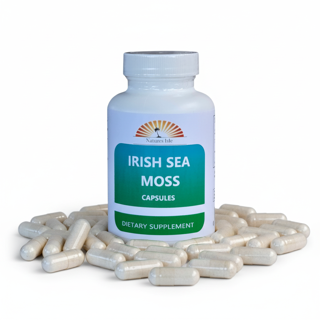 Herbal Island Sea Moss Irish Capsules in clear bottle with white caps, showing capsules inside on a white background.