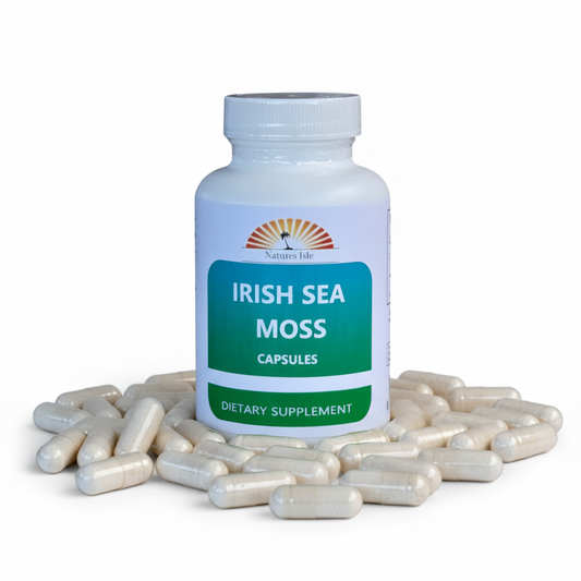 Herbal Island Sea Moss Irish Capsules in clear bottle with white caps, showing capsules inside on a white background.