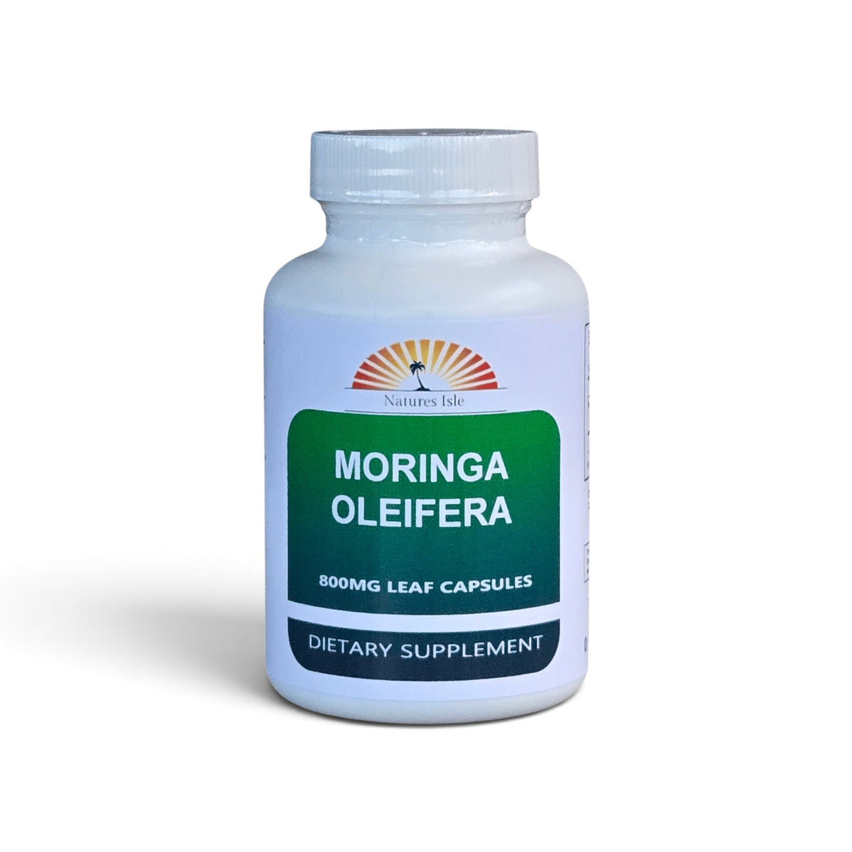 Herbal Island Moringa Leaf Capsules in a clear container, showing green capsules filled with moringa leaf extract.