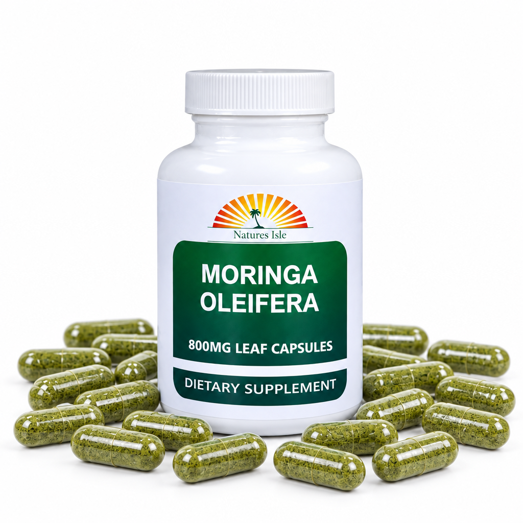 Herbal Island Moringa Leaf Capsules, soft gel capsules with green Moringa leaf extract inside, on a white background.