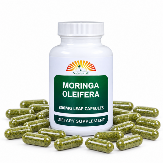 Herbal Island Moringa Leaf Capsules, soft gel capsules with green Moringa leaf extract inside, on a white background.