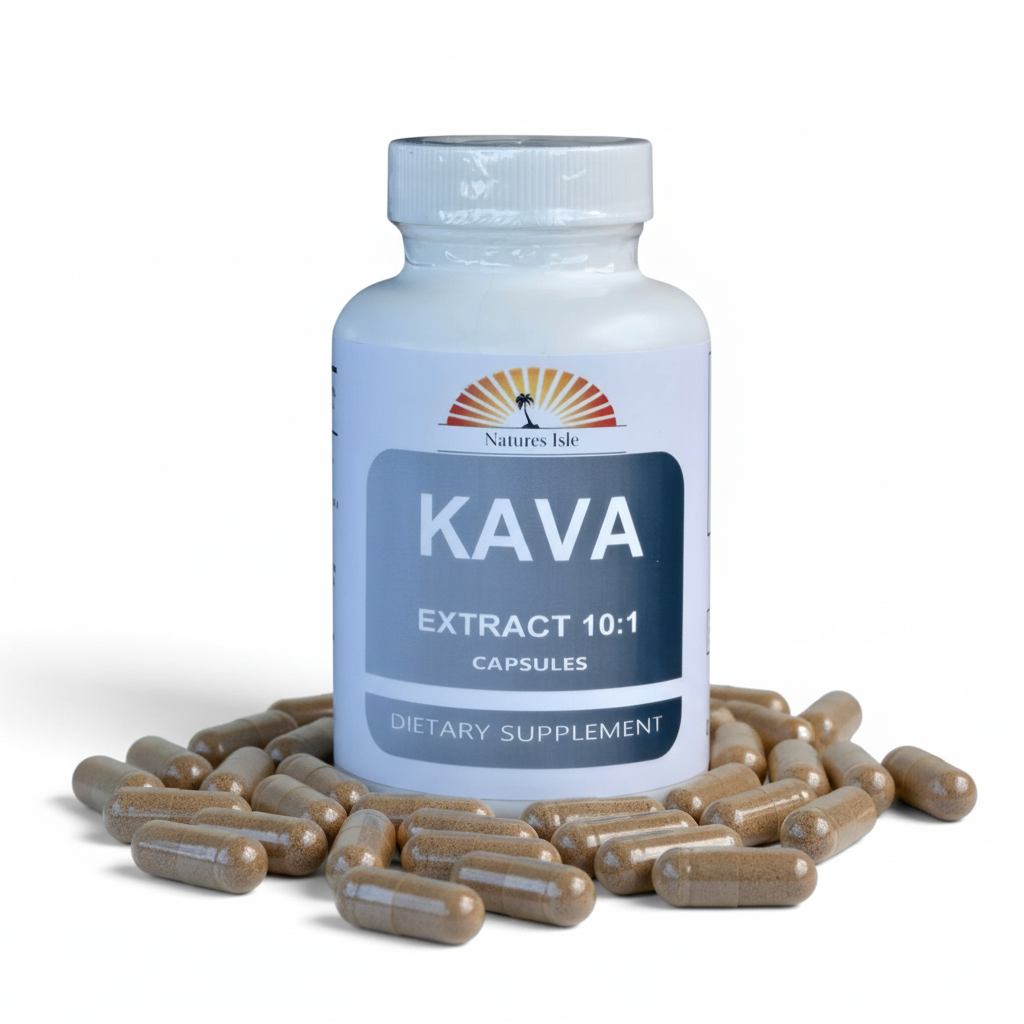 Herbal Island Kava Extract 4:1 capsules displayed in a row, showing the dark brown capsules on a white background.