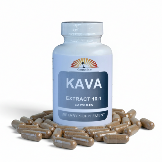 Herbal Island Kava Extract 4:1 capsules displayed in a row, showing the dark brown capsules on a white background.