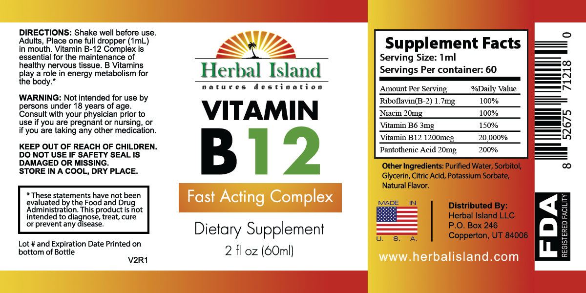 B12 Liquid Drops Vitamin - 2 fl oz Fast Acting Complex - Herbal Island